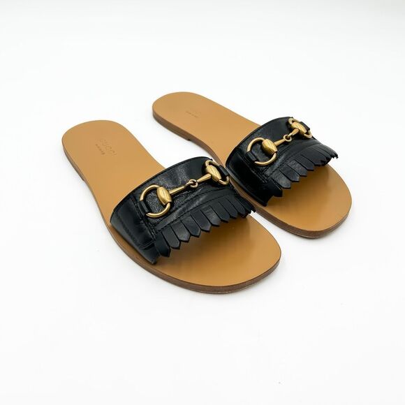 Gucci Varadero Fringe Sandals Horsebit Slides Black Size 37, 7 - Picture 3 of 15